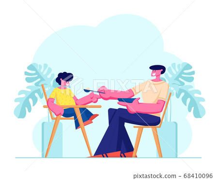 Dad Feed Son with Spoon, Boy Sit in Special High Baby Chair. Father Engaged in Raising Child. Boy Having Breakfast with Daddy Dad Feed Son with Spoon, Boy Sit in Special High Baby Chair. Father Engaged in Raising Child. Boy Having Breakfast with Daddy 68410096