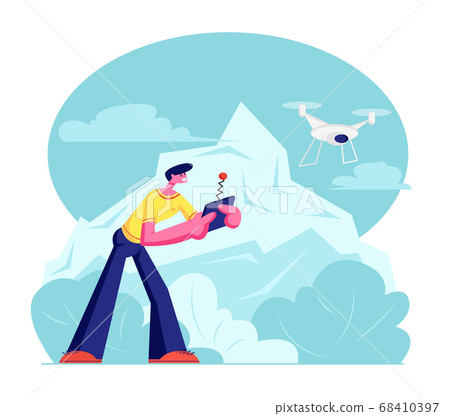 Young Man Watching and Navigating Flying Drone Young Man Watching and Navigating Flying Drone 68410397