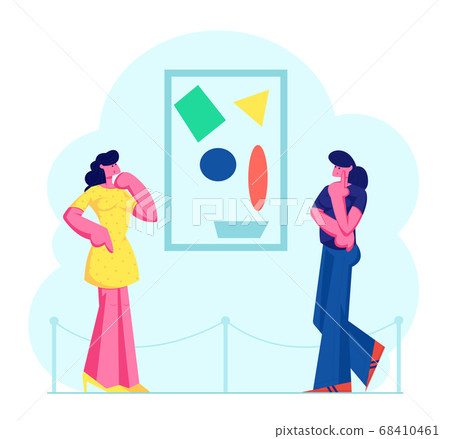 Exhibition Visitors Viewing Modern Abstract Paintings Hanging on Wall at Contemporary Art Gallery 68410461