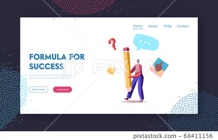 Creativity Hobby, Planning Landing Page Template. Tiny Female Character with Huge Pencil Searching for Inspiration Idea 68411156