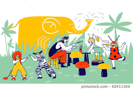 Children Face Painting. Animator Character Wearing Pirate Costume Paint on Kids Faces during Birthday Party Celebration Children Face Painting. Animator Character Wearing Pirate Costume Paint on Kids Faces during Birthday Party Celebration 68411369