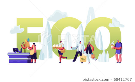 Eco Packing Concept, People Stand in Queue with Reusable Packaging in Hands Visiting Open Air Store. Male Female Characters Eco Packing Concept, People Stand in Queue with Reusable Packaging in Hands Visiting Open Air Store. Male Female Characters 68411767