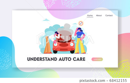 Road Accident with Broken Car Website Landing Page, Man Looking under Transport Hood with Smoke Going out, Girl Call to Repair Road Accident with Broken Car Website Landing Page, Man Looking under Transport Hood with Smoke Going out, Girl Call to Repair 68412155