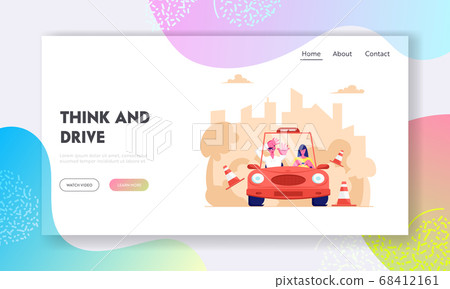 Driving School Website Landing Page, Learner Driving Car with Frightened Instructor. Student Driver Girl Study Drive Automobile Driving School Website Landing Page, Learner Driving Car with Frightened Instructor. Student Driver Girl Study Drive Automobile 68412161