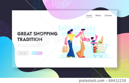 Family Shopping in Supermarket with Product Cart. Father Pushing Trolley with Purchases and Son. Parents and Child at Shop 68412238