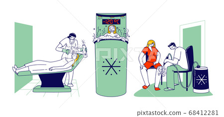 Female Characters Visit Cryotherapy Procedure for Skincare Treatment. Women Applying Face and Leg Cryo Physiotherapy 68412281