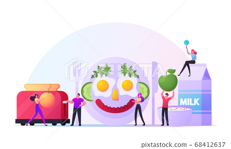 Fun Breakfast. Male and Female Characters Cooking Funny Meal Look Like Smiling Human Face made of Fried Eggs and Sausage 68412637