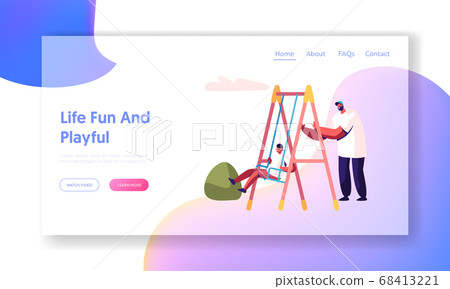 Father Swinging Child on Swing in Park or Playground. Happy Family Having Fun, Dad and Son Walking in Yard, Spend Time Together 68413221