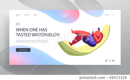 Summer Vacation, Leisure Website Landing Page, Young Male Character Relaxing in Watermelon Peel like on Chaise Lounge, Summertime 68413326