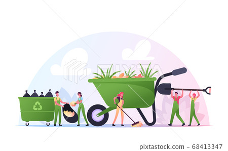 Volunteer Characters Cleaning Garbage, Planting Plants at House Yard Area. People Collecting Trash to Sacks, Racking Volunteer Characters Cleaning Garbage, Planting Plants at House Yard Area. People Collecting Trash to Sacks, Racking 68413347
