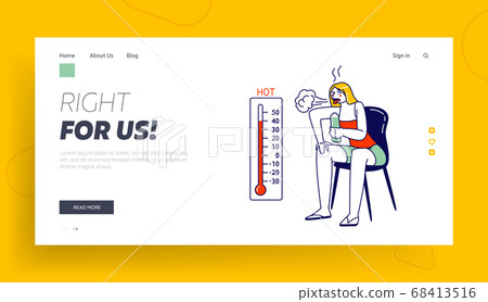 Woman Drinking Water from Bottle, Heat Landing Page Template. Female Look on Thermometer Suffering of High Temperature Woman Drinking Water from Bottle, Heat Landing Page Template. Female Look on Thermometer Suffering of High Temperature 68413516