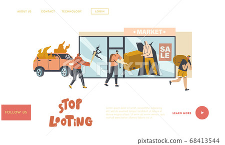 Stop Looting Landing Page Template. Aggressive Masked Male Characters Breaking Store Showcase for Steeling Goods 68413544