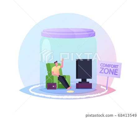 Poor and Lazy Male Sitting in Glass Jar under Dome inside of Comfort Zone Watching Tv and Eating Pizza with Empty Wallet Poor and Lazy Male Sitting in Glass Jar under Dome inside of Comfort Zone Watching Tv and Eating Pizza with Empty Wallet 68413549