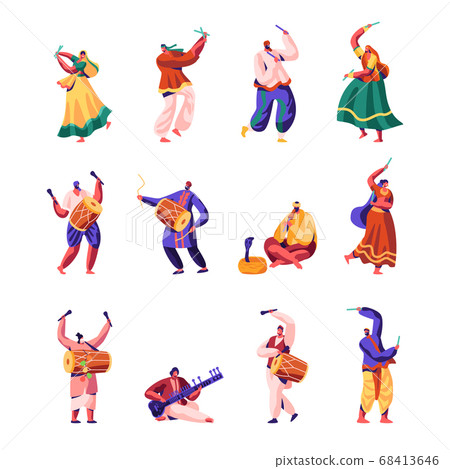 Indian Street Artists Set. Musicians and Dancers in Colorful Dress Performing on Street Playing Traditional Instruments Indian Street Artists Set. Musicians and Dancers in Colorful Dress Performing on Street Playing Traditional Instruments 68413646