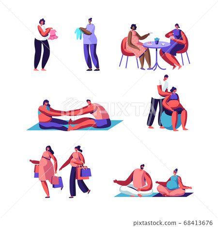 Happy Pregnancy Set. Pregnant Women with Husbands Fitness Sports Activity, Spend Time Together Going Shopping, Visiting Cafe Happy Pregnancy Set. Pregnant Women with Husbands Fitness Sports Activity, Spend Time Together Going Shopping, Visiting Cafe 68413676