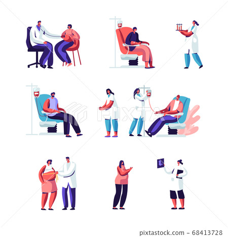 Pregnancy and Blood Donation Set. Pregnant Woman at Doctor Appointment. Medical Check Up, Ultrasound, Measuring Belly Pregnancy and Blood Donation Set. Pregnant Woman at Doctor Appointment. Medical Check Up, Ultrasound, Measuring Belly 68413728