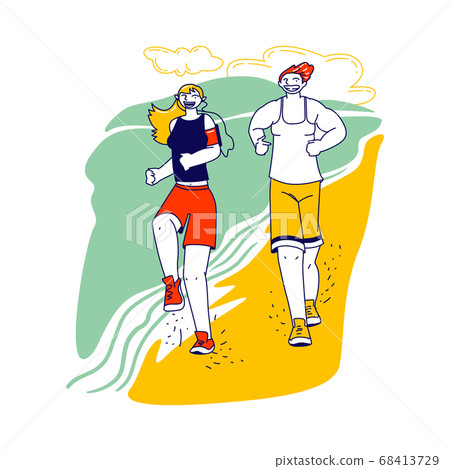 Happy Couple Man and Woman in Sports Wear and Sneakers Running Along Sandy Beach Seaside. Characters Jogging and Sport 68413729