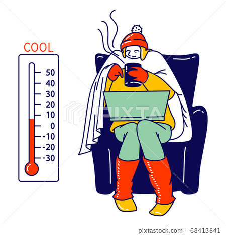 Freezing Female Character Wrapped in Winter Clothes Sitting in Armchair with Hot Drink Working on Laptop, Cold Weather 68413841