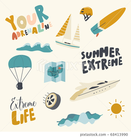 Summer Extreme Icons Set. Adrenaline Activity, Summertime Recreation Parachuting, Surfing, Sailing. Shining Sun, Clouds Summer Extreme Icons Set. Adrenaline Activity, Summertime Recreation Parachuting, Surfing, Sailing. Shining Sun, Clouds 68413990