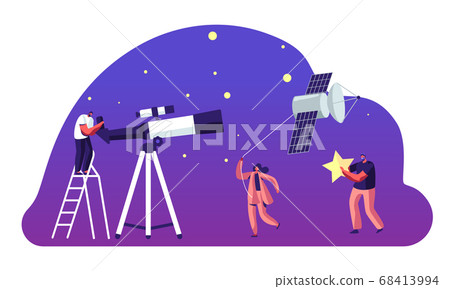 Astronomy Science, Character Watching on Space at Telescope, Woman Pull Sputnik as Kite, Studying, Cosmos Exploration, Scientific Astronomy Science, Character Watching on Space at Telescope, Woman Pull Sputnik as Kite, Studying, Cosmos Exploration, Scientific 68413994