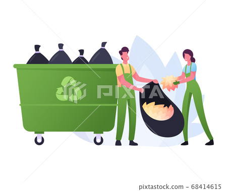 Volunteer Characters Cleaning Garbage or Fallen Leaves at House yard or City Park Area. Volunteering, Collecting Trash 68414615