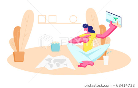 Young Woman Sitting on Floor with Paper Map 68414738