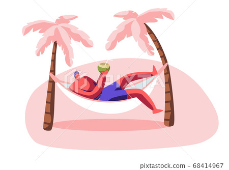 Young Man Relax in Hammock with Coconut in Hands Young Man Relax in Hammock with Coconut in Hands 68414967
