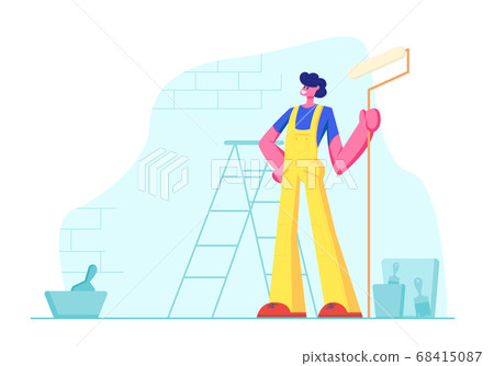 Home Repair Worker with Roller for Wall Painting Home Repair Worker with Roller for Wall Painting 68415087