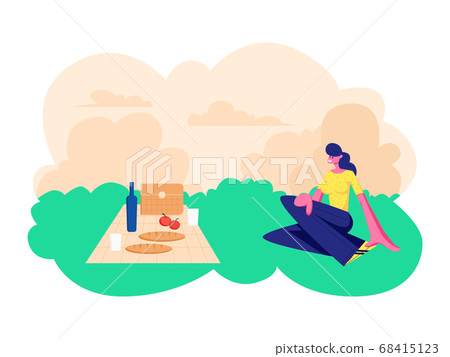 Happy Woman Sitting on Grass with Tablecloth 68415123