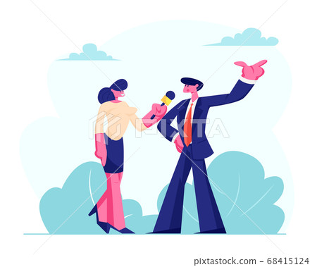 Female Journalist Holding Microphone Taking Interview with Man in Formal Suit, Politics or Businessman Outdoor. Mass Media 68415124