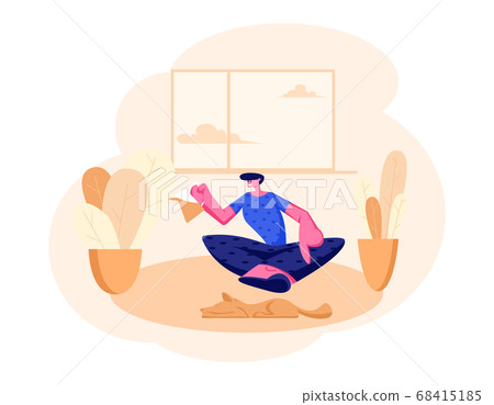 Smiling Man Sitting on Floor with Tea Pot in Hands Smiling Man Sitting on Floor with Tea Pot in Hands 68415185
