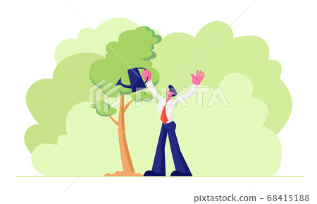 Happy Adult Business Man Character Wearing Formal Suit Watering Trees in Garden with Water Can. Life Cycle, Time Line and Growth 68415188