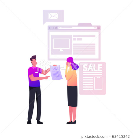 Hard Sell, Consumerism. Intrusive Man Promoter Character Giving Invitation Flyer for Visiting New Store for Shop Opening Hard Sell, Consumerism. Intrusive Man Promoter Character Giving Invitation Flyer for Visiting New Store for Shop Opening 68415242