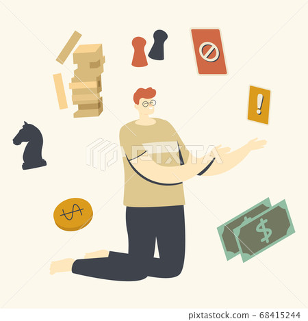 Cheerful Male Character surrounded with Equipment for Playing Board Game. Spare Time Recreation, Weekend Activity, Relax Cheerful Male Character surrounded with Equipment for Playing Board Game. Spare Time Recreation, Weekend Activity, Relax 68415244