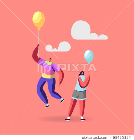 Outstanding Individuality, Be Unique. Male Character in Colorful Rainbow Clothes Flying on Yellow Balloon above Woman 68415334