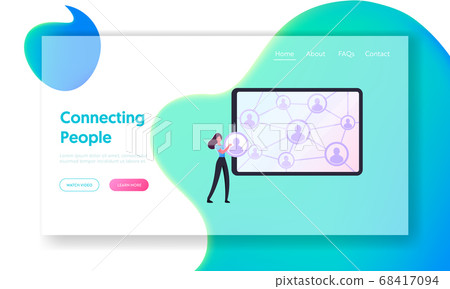 Customer Base, Referral Program, Business Communication Landing Page Template. Female Character at Huge Digital Device Customer Base, Referral Program, Business Communication Landing Page Template. Female Character at Huge Digital Device 68417094