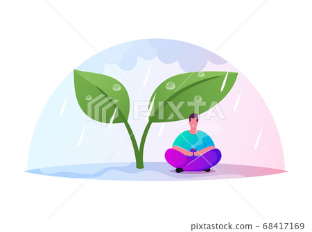 Drenched Tiny Male Character Holding Cup of Hot Beverage Sitting under Huge Plant Leaves at Rain. Warm Summer Weather 68417169