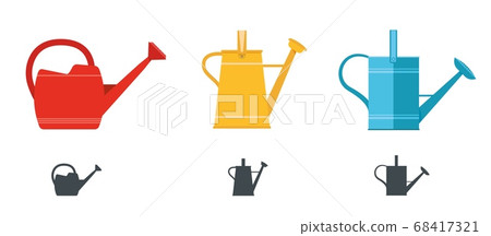 Garden watering can set. Three different portable containers with rose for seed and plants germination. Garden watering can set. Three different portable containers with rose for seed and plants germination. 68417321