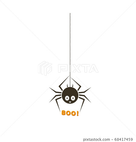 Black spider. Halloween funny childish spider hanging from the top with cute smiley face and text Boo. Vector illustration. Black spider. Halloween funny childish spider hanging from the top with cute smiley face and text Boo. Vector illustration. 68417459