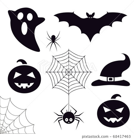 Halloween symbols collection. Trick or treat icons set. Bat, ghost, spiders, pumpkin, cobweb, witch hat. Decoration graphic elements. Vector illustration. 68417463