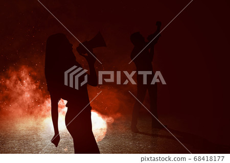 Silhouette of people using megaphone doing protest 68418177