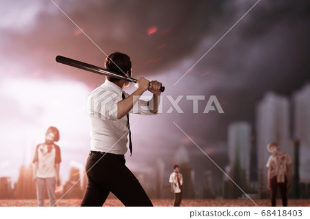 Asian man standing with a baseball bat on his hand ready to attack zombie 68418403