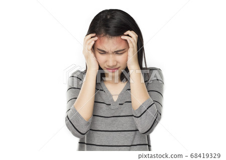 young asian woman arms raised touch her head feel headache young asian woman arms raised touch her head feel headache 68419329