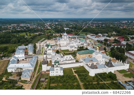 Aerial summer view of white Nikitskiy monastery with silver domes in Pereslavl Zalessky, Yaroslavl Region, Russia. Golden Ring of Russia 68422266