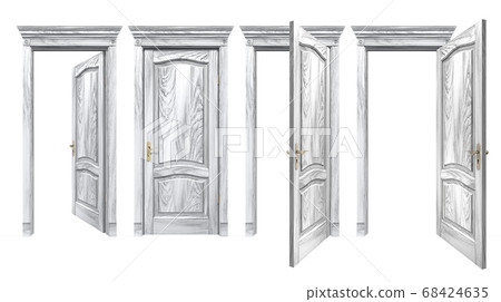 Open and closed gray doors with arched panels, cornice, columns. Old wooden doorways with vintage texture trim, isolated on white. High resolution 3D rendering with copy space Open and closed gray doors with arched panels, cornice, columns. Old wooden doorways with vintage texture trim, isolated on white. High resolution 3D rendering with copy space 68424635
