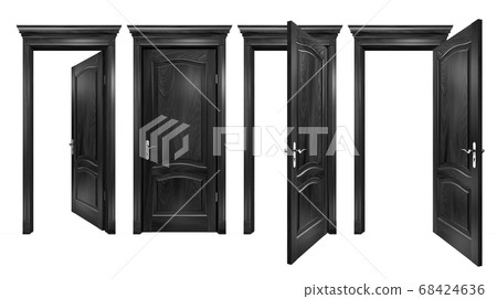 Open and closed black doors with arched panels, cornice, columns. Textured wooden doorways with silver trim, isolated on white. 3D rendering with copy space 68424636