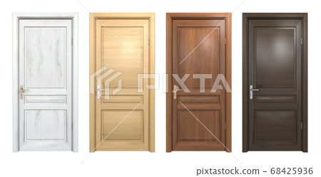 Collection of different wooden doors isolated on white. Light pine and dark oak wood entrances 68425936