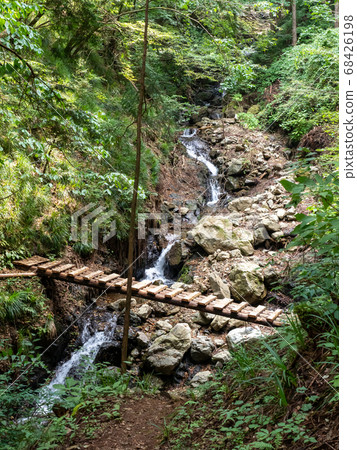 秋川峽谷瀑布和清澈的溪流丸太橋,通向霞水瀑布的山間小道 秋川峽谷瀑布和清澈的溪流丸太橋,通向霞水瀑布的山間小道 68426198