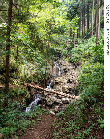 秋川峽谷瀑布和清澈的溪流丸太橋,通向霞水瀑布的山間小道 秋川峽谷瀑布和清澈的溪流丸太橋,通向霞水瀑布的山間小道 68426200