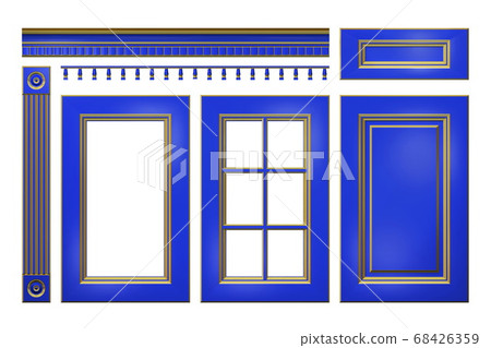 Blue with gold door, drawer, column, cornice for kitchen cabinet isolated on white 68426359